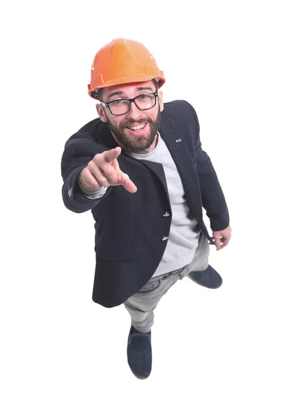 Ansicht von oben. Ingenieur mit Helm zeigt auf dich — Stockfoto