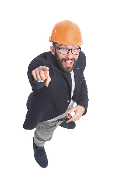 Vista superior. arquiteto engenheiro em capacete laranja — Fotografia de Stock