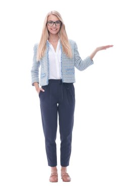 boş ekranda gösteren başarılı iş kadını.beyaz izole