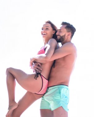 Yaz tatili, Cennet plaj üzerinde eğleniyor çift.