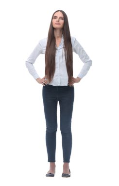 ciddi genç kadın kamera için poz . beyaz izole