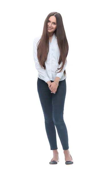 Jovem bonita posando para a câmera. isolado em fundo branco — Fotografia de Stock