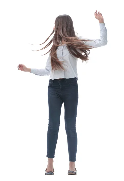 Giovane donna con i capelli lunghi in posa per la fotocamera. isolato su bianco — Foto Stock