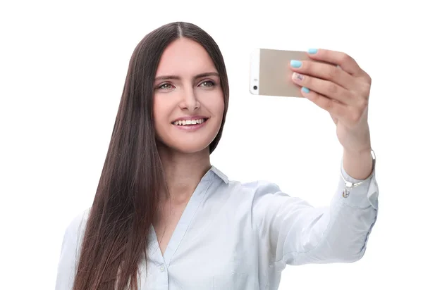 Mujer joven hablando en enlace de vídeo en su teléfono inteligente. aislado en blanco — Foto de Stock
