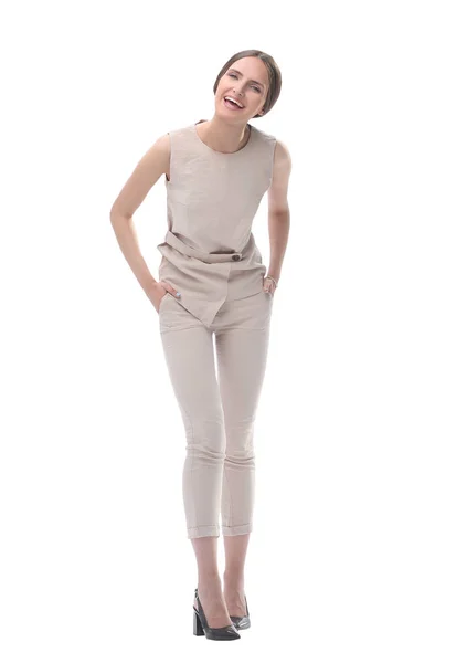 Mujer joven feliz en traje de pantalón. aislado en blanco — Foto de Stock