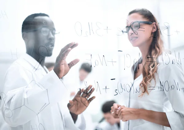 Mulher e homens scienist em laboranory — Fotografia de Stock