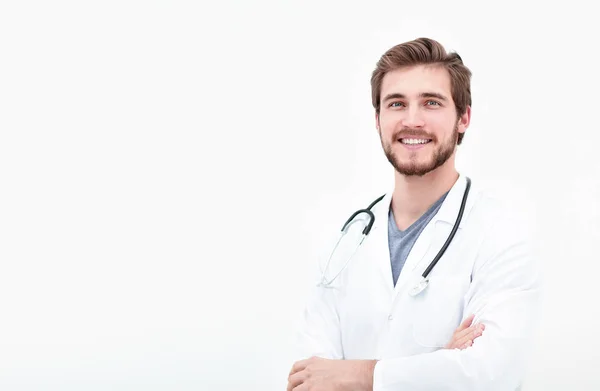 Retrato de um médico amigável.isolado em branco — Fotografia de Stock