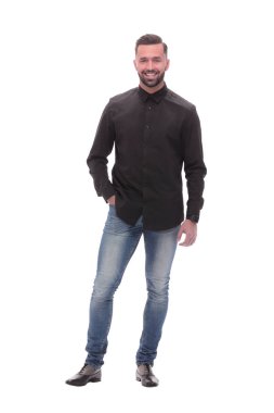 tam büyüme. kot pantolon ve siyah gömlek genç bir adam.