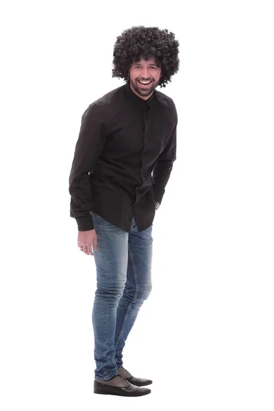 Vista laterale. divertente ragazzo scioccante in jeans. isolato su bianco — Foto Stock