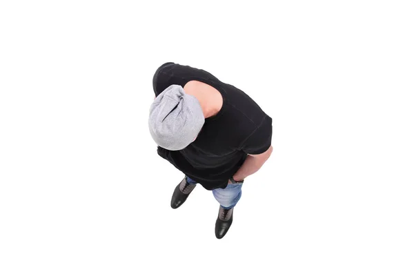 Επάνω όψη. νέος άντρας με μαύρο t-shirt βήμα προς τα εμπρός — Φωτογραφία Αρχείου