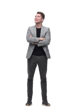 kendinden emin genç işadamı ileriye bakıyor. beyaz izole
