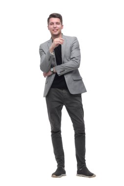 gülümseyen adam uzay kopyalamak için işaret. beyaz arka plan üzerinde izole