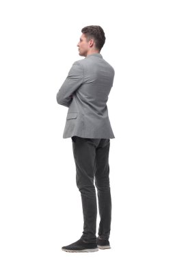 ciddi genç adam ileriye bakıyor. beyaz izole