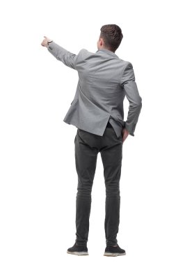 arka görünüm. büyük bir boş ekran alagösteren genç bir adam.