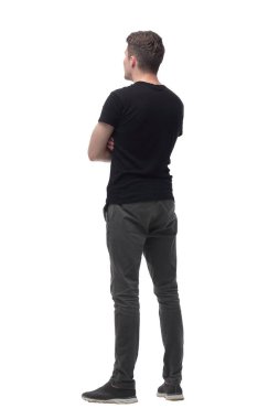 beyaz boş ekrana bakan emin adam . beyaz izole