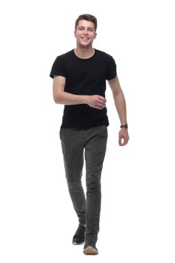 yakışıklı adam güvenle ileri gider. beyaz izole