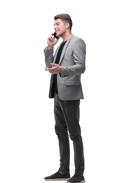 Lachende man praten op zijn smartphone. geïsoleerd op wit — Stockfoto