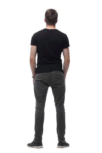 Rear view. modern guy looking at white blank screen — Stock Photo, Image