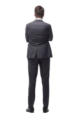 genç işadamı büyük beyaz bir ekran önünde duruyor. beyaz izole