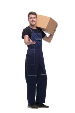 başparmak gösteren tulum çalışması. beyaz izole