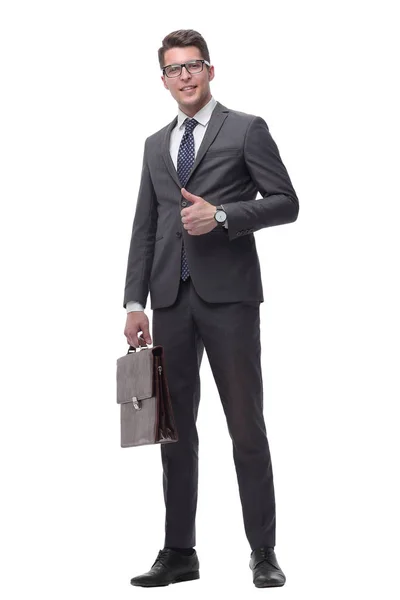 Successful business man with a leather briefcase. isolated on white — Stock Photo, Image