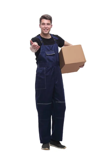 Friendly worker with cardboard box. isolated on white — Stock Photo, Image