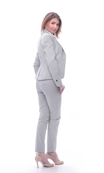 Πλευρική προβολή. σίγουρος νέα επιχείρηση γυναίκα με ένα ελαφρύ κοστούμι — Φωτογραφία Αρχείου