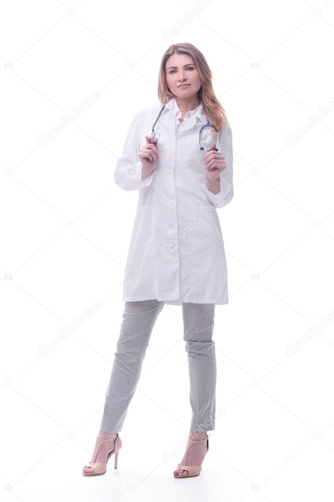 woman doctor with stethoscope. isolated on white