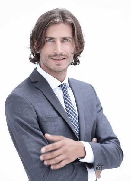 Hombre de negocios con los brazos cruzados sonriendo fondo blanco . — Foto de Stock