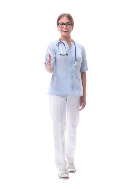 dost kadın doktor bir el sıkışma için elini uzatıyor