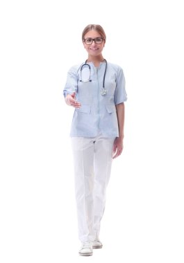 dost kadın doktor bir el sıkışma için elini uzatıyor