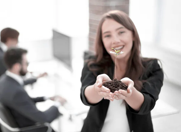 female environmentalist showing fresh sprout