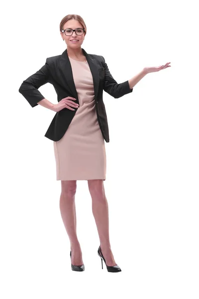 Businesswoman holding blank copy space on her open palm standing in full length — Stock Photo, Image