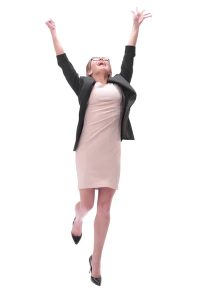 Full length . happy young business woman looking up — Stock Photo, Image