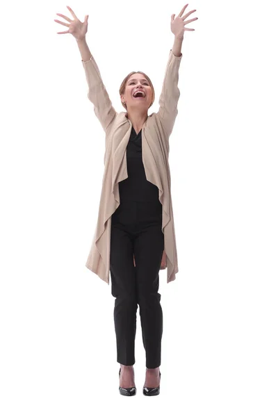 Mulher moderna muito feliz. isolado em branco — Fotografia de Stock