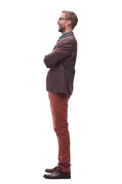 yan görünüm. ileriye bakan gözlüklü kendine güvenen adam.