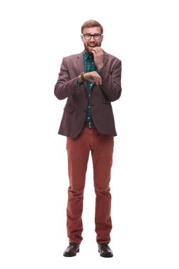 tam büyüme. onun kol saati bakarak şaşkın adam