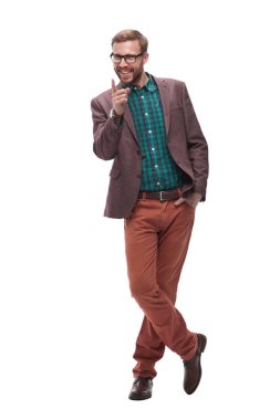 tam büyüme. gülümseyen hipster adam parmak gösteren