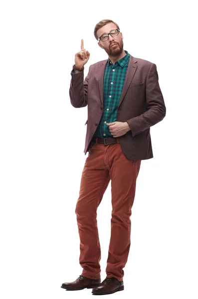 Kibar hipster adam işaret parmak . beyaz izole — Stok fotoğraf