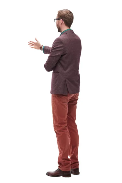 Bakifrån. en man med glasögon som pekar på en vit blank skärm — Stockfoto