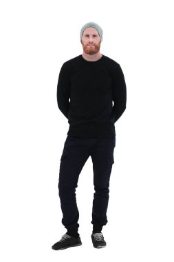 tam büyüme. gülümseyen sakallı adam kopya uzaya bakıyor