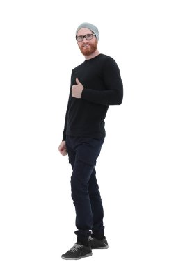 çekici sakallı adam başparmaklarını gösteren .beyaz izole