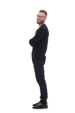 yan görünüm. emin sakallı adam kopya alanı bakıyor