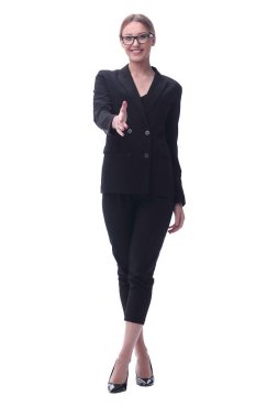 dost iş kadını bir el sıkışma için elini uzatıyor. beyaz izole