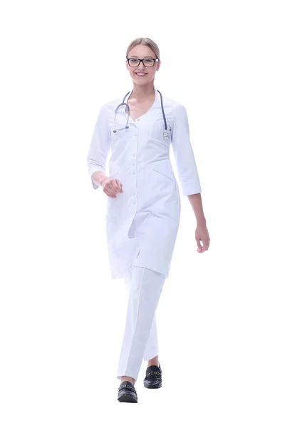 Az illetékes női orvos is jön az Ön számára. izolált fehér — Stock Fotó
