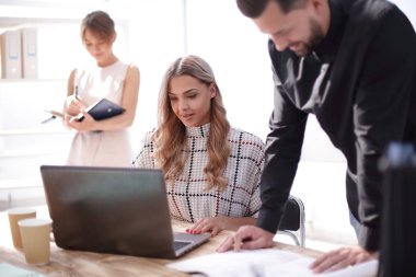 genç kadın ofis çalışmaları için bir dizüstü bilgisayar kullanır.