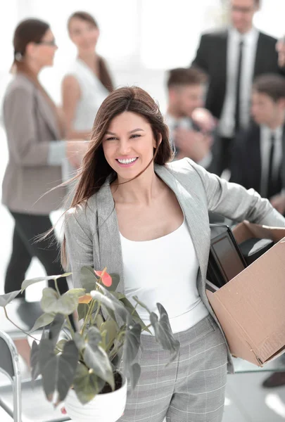 Close up. Happy business woman on the background of the new office — стоковое фото