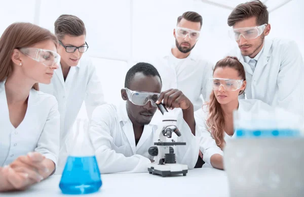 Группа молодых ученых, работающих в химической лаборатории — стоковое фото