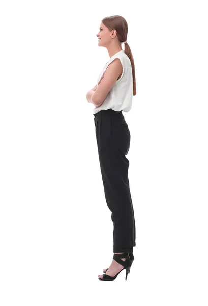 Mosolygós fiatal üzleti nő várja. izolált fehér — Stock Fotó