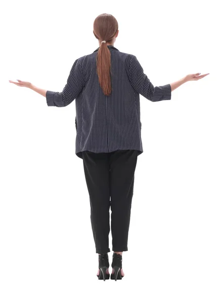 Vista trasera. joven mujer de negocios mirando la pantalla blanca grande . —  Fotos de Stock